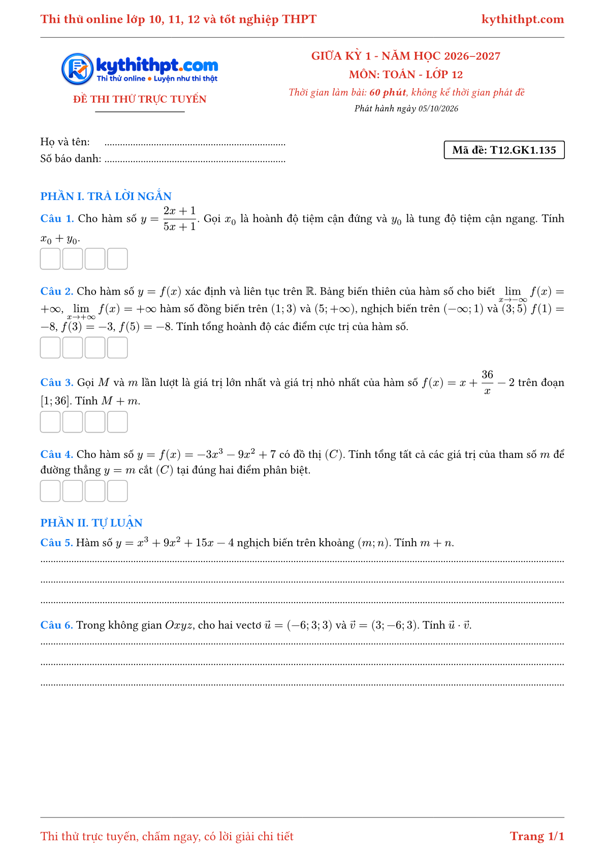Trang đầu Đề thi thử online giữa kỳ 1 môn Toán lớp 12 - trả lời ngắn + tự luận - đề 135