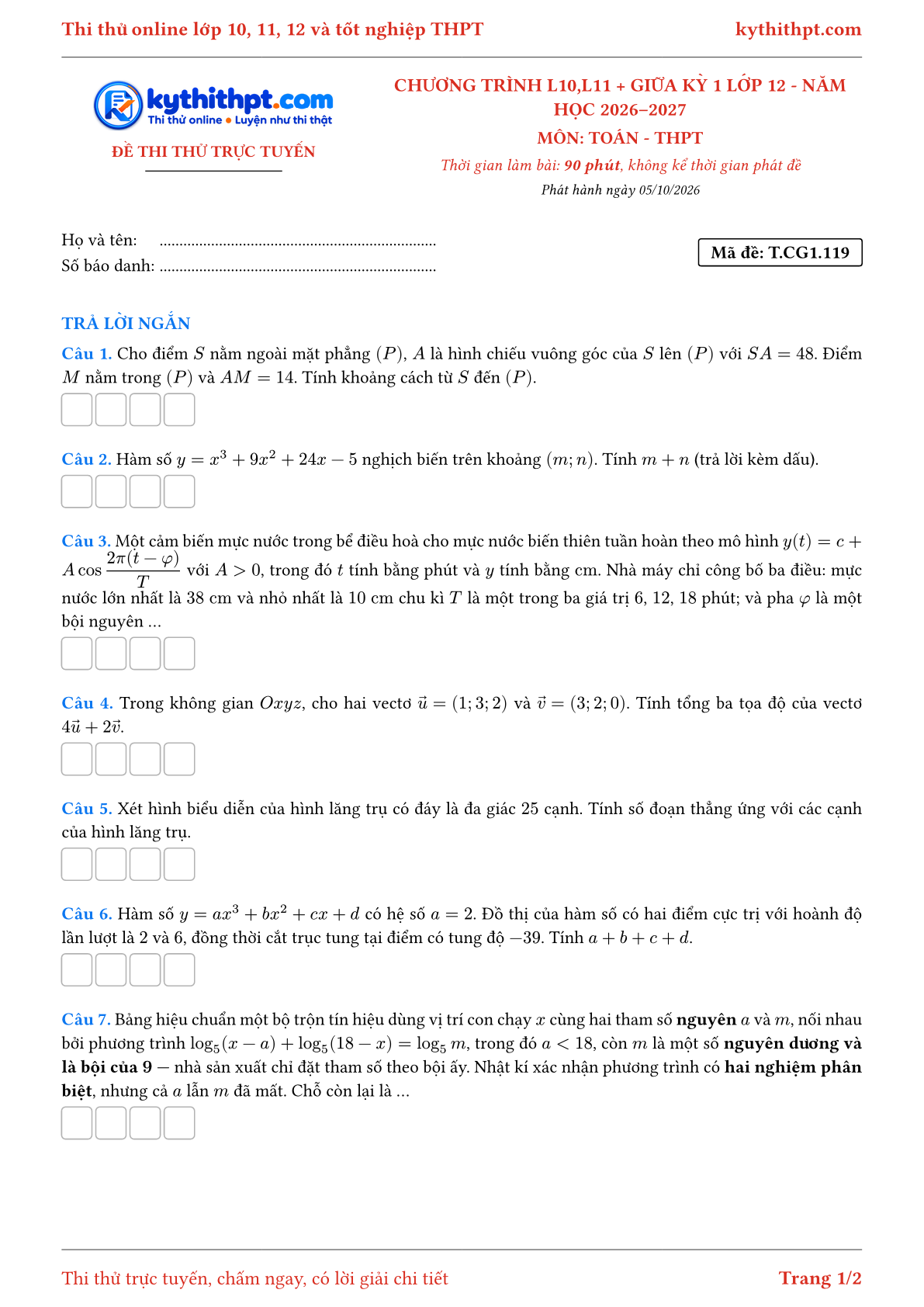 Trang đầu Đề thi thử online môn Toán theo chương trình lớp 10, 11 và giữa kỳ 1 lớp 12 - ôn luyện trả lời ngắn - đề 121