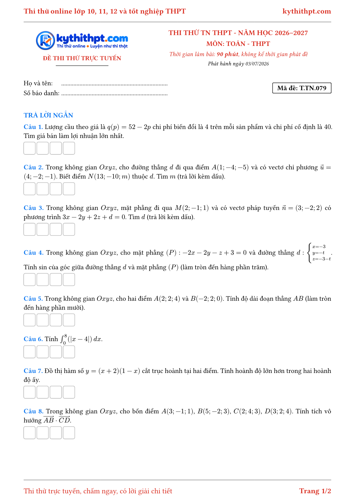 Trang đầu Đề thi thử online tốt nghiệp THPT môn Toán - ôn luyện trả lời ngắn - đề 079
