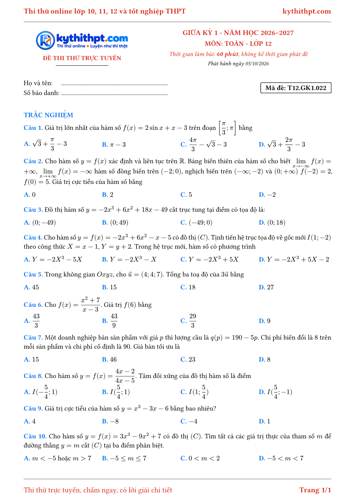 Trang đầu Đề thi thử online giữa kỳ 1 môn Toán lớp 12 - full trắc nghiệm - đề 022