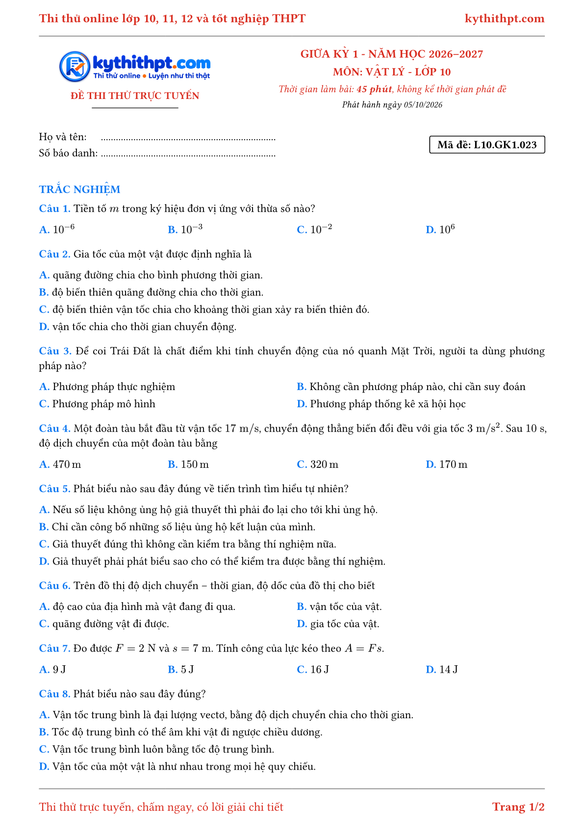 Trang đầu Đề thi thử online giữa kỳ 1 môn Vật lý lớp 10 - full trắc nghiệm - đề 023