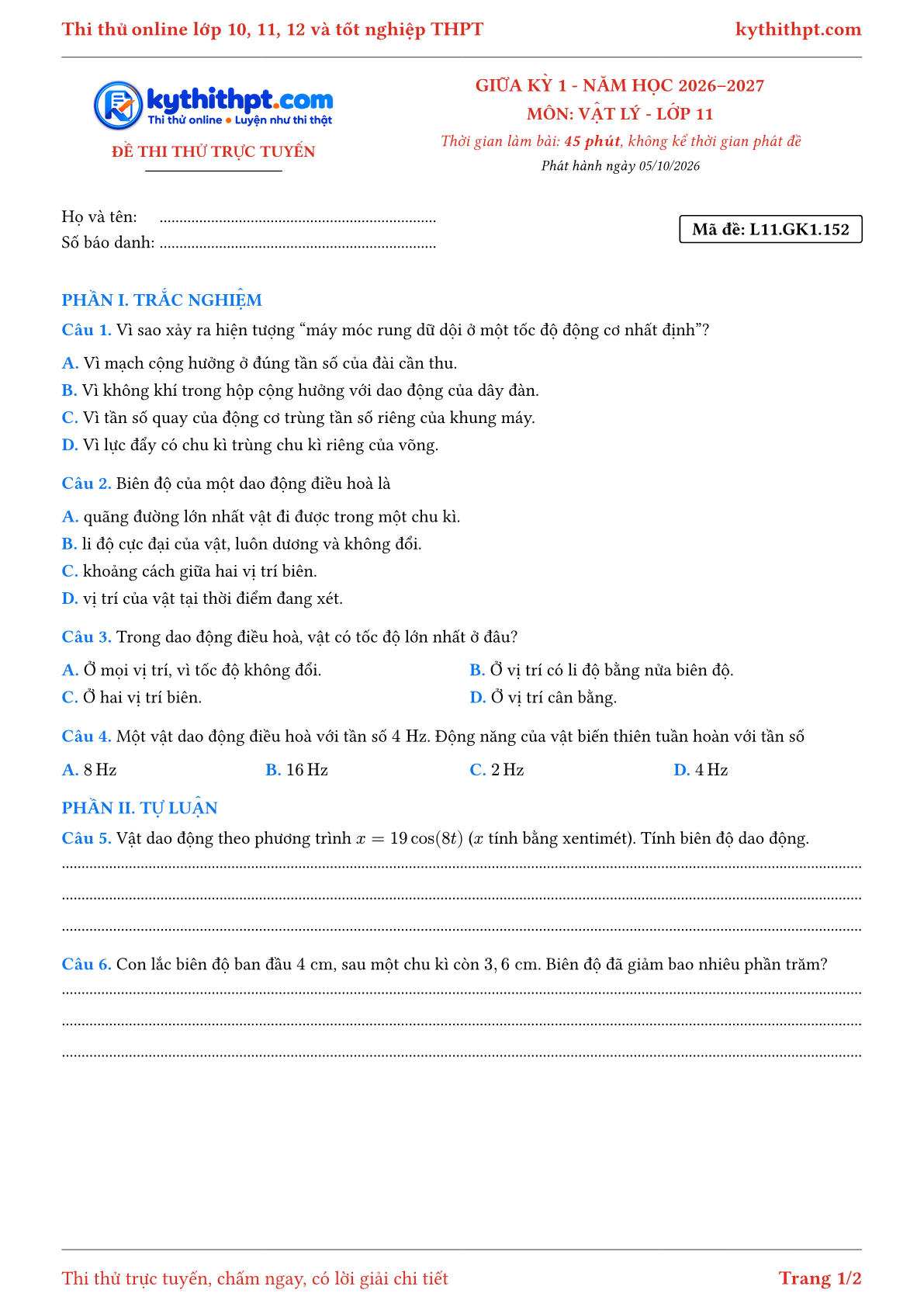 Trang đầu Đề thi thử online giữa kỳ 1 môn Vật lý lớp 11 - trắc nghiệm + tự luận nâng cao - đề 155