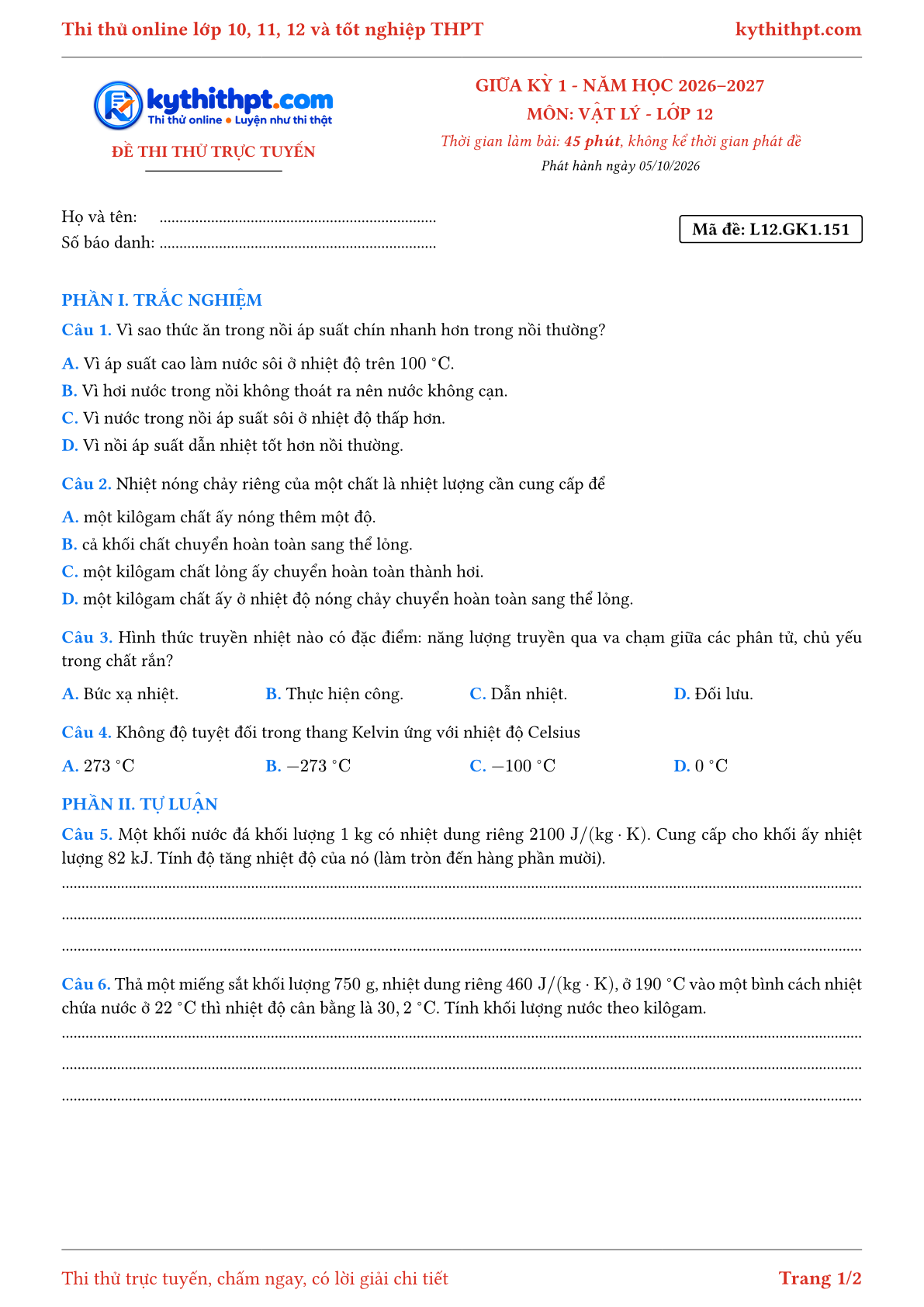 Trang đầu Đề thi thử online giữa kỳ 1 môn Vật lý lớp 12 - trắc nghiệm + tự luận nâng cao - đề 156