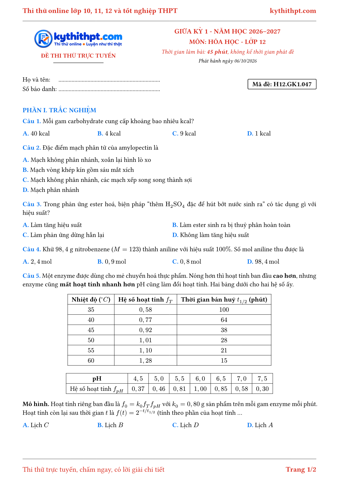 Trang đầu Đề thi thử online giữa kỳ 1 môn Hóa học lớp 12 - trắc nghiệm + trả lời ngắn - đề 047