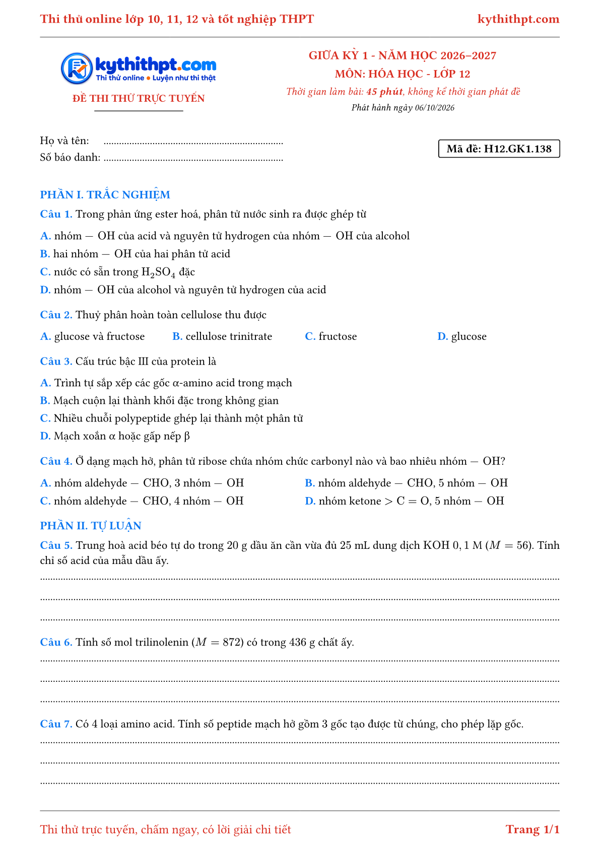 Trang đầu Đề thi thử online giữa kỳ 1 môn Hóa học lớp 12 - trắc nghiệm + tự luận nâng cao - đề 141