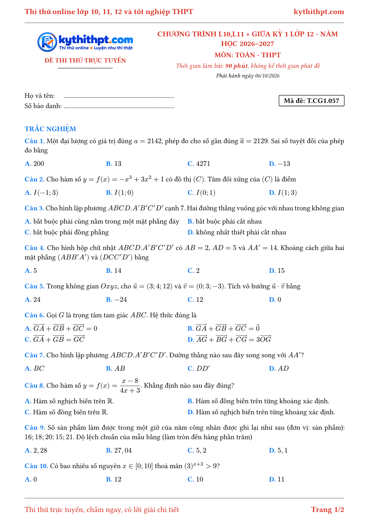 Trang đầu Đề thi thử online môn Toán theo chương trình lớp 10, 11 và giữa kỳ 1 lớp 12 - ôn luyện trắc nghiệm - đề 058