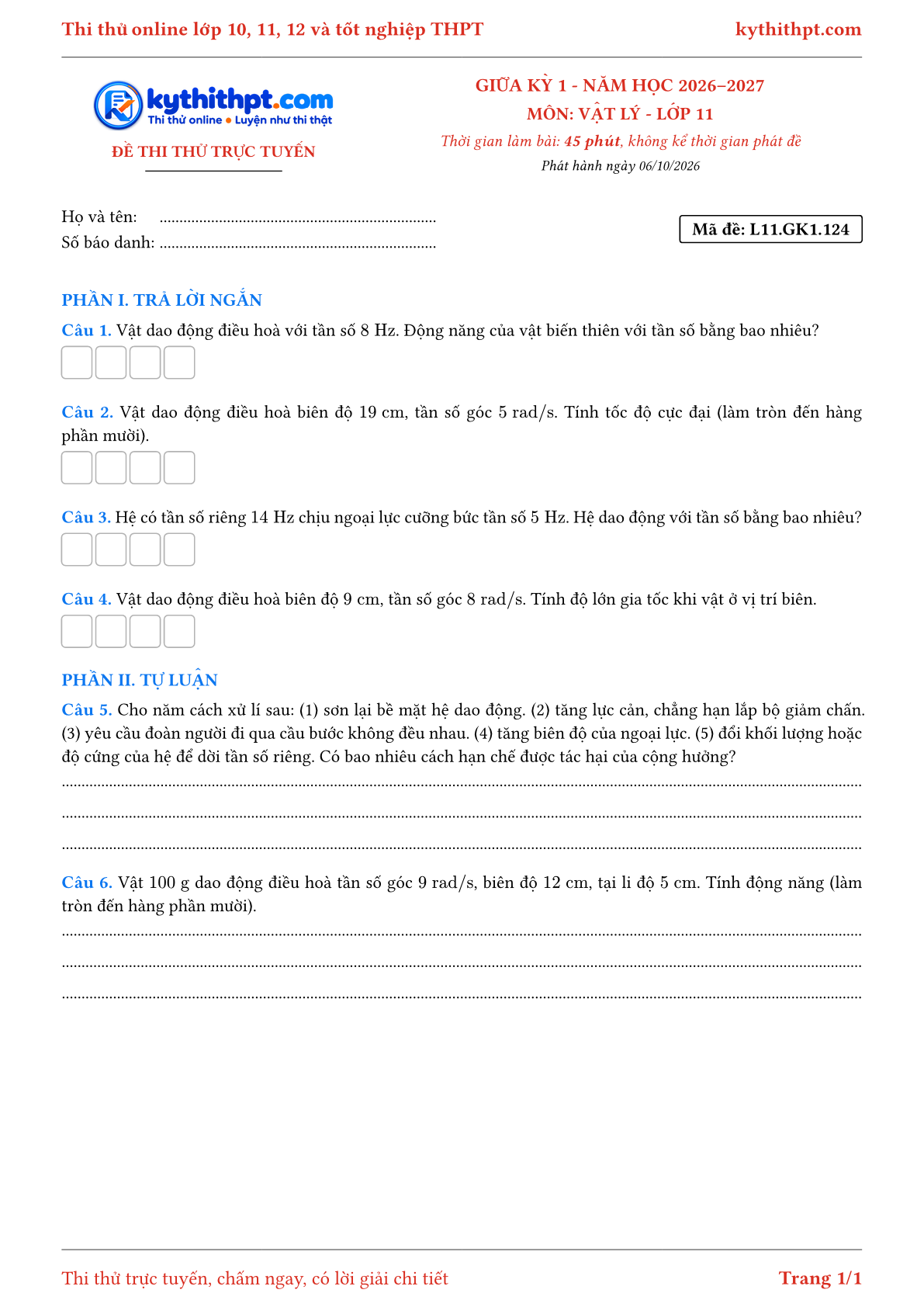 Trang đầu Đề thi thử online giữa kỳ 1 môn Vật lý lớp 11 - trả lời ngắn + tự luận - đề 126
