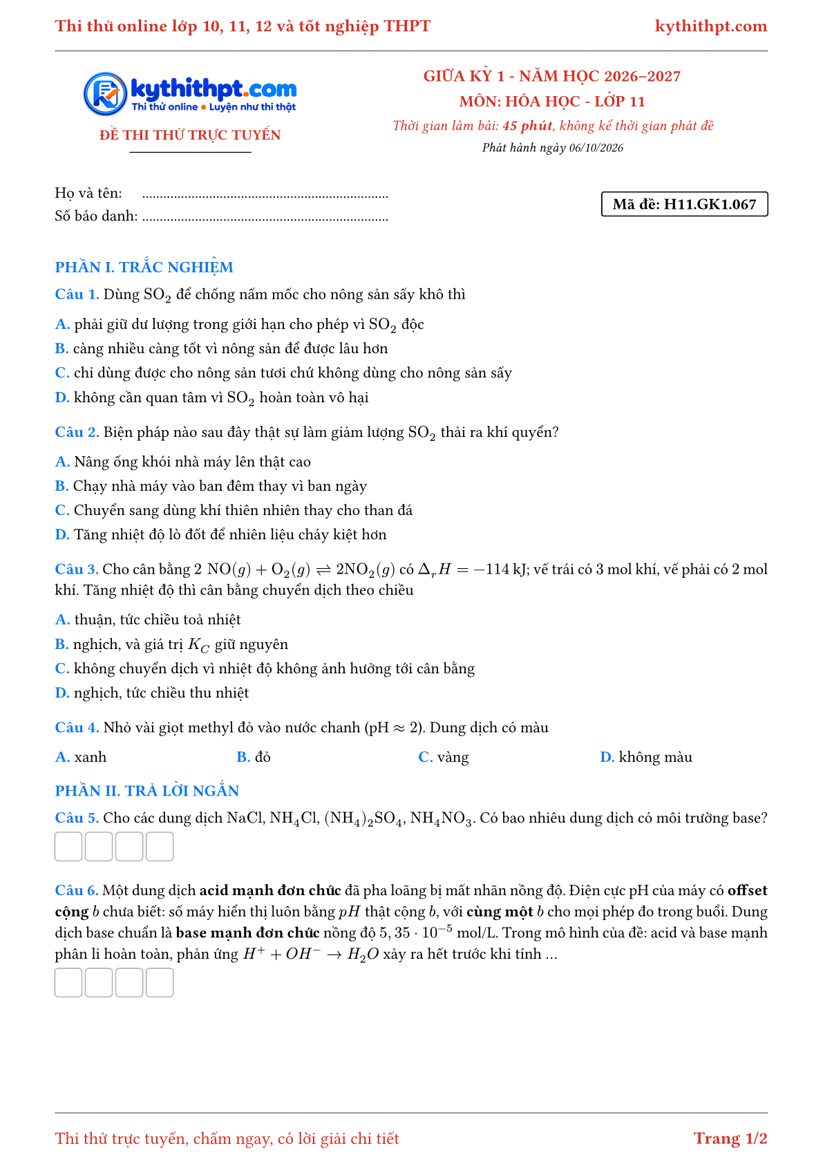Trang đầu Đề thi thử online giữa kỳ 1 môn Hóa học lớp 11 - trắc nghiệm + trả lời ngắn + tự luận - đề 068