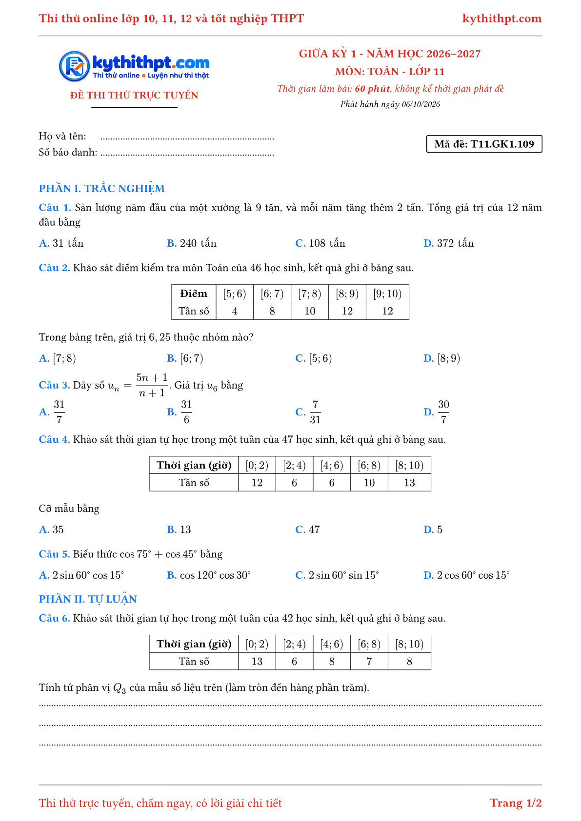 Trang đầu Đề thi thử online giữa kỳ 1 môn Toán lớp 11 - trắc nghiệm + tự luận - đề 111