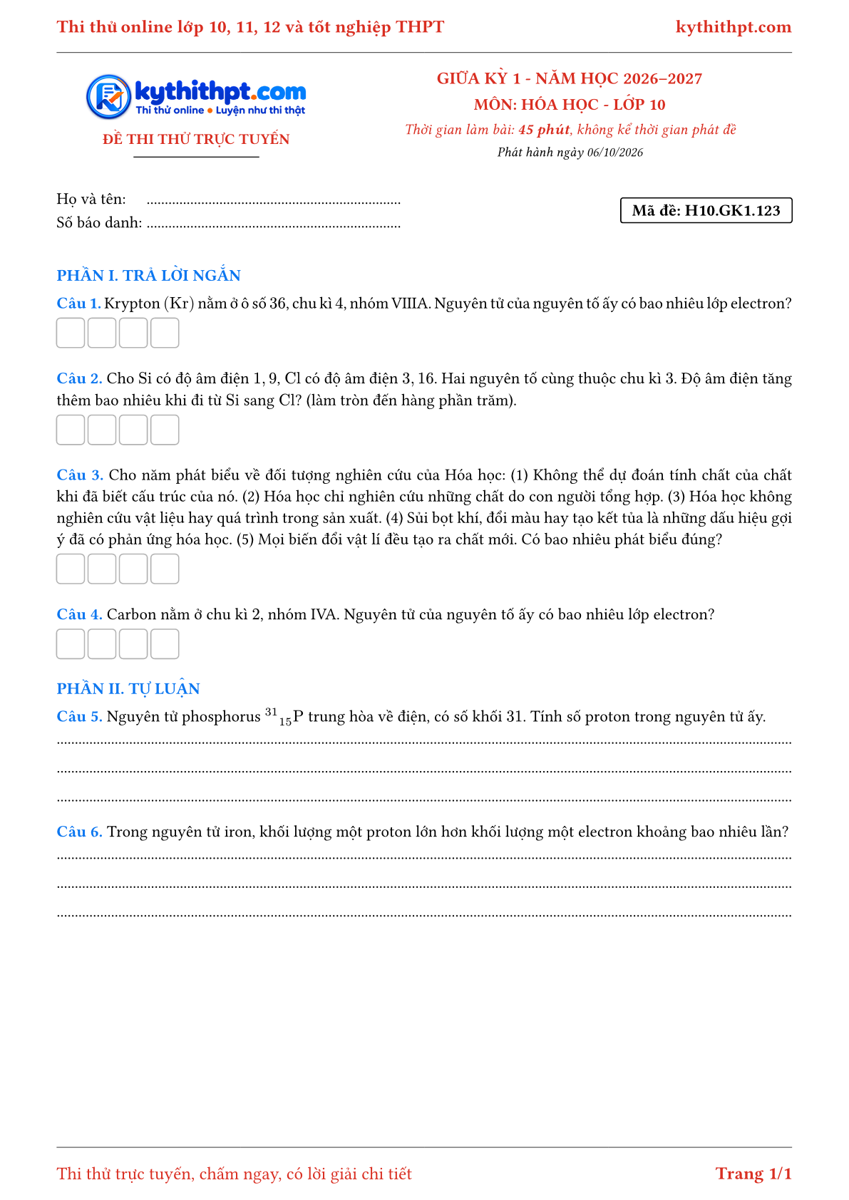 Trang đầu Đề thi thử online giữa kỳ 1 môn Hóa học lớp 10 - trả lời ngắn + tự luận - đề 127