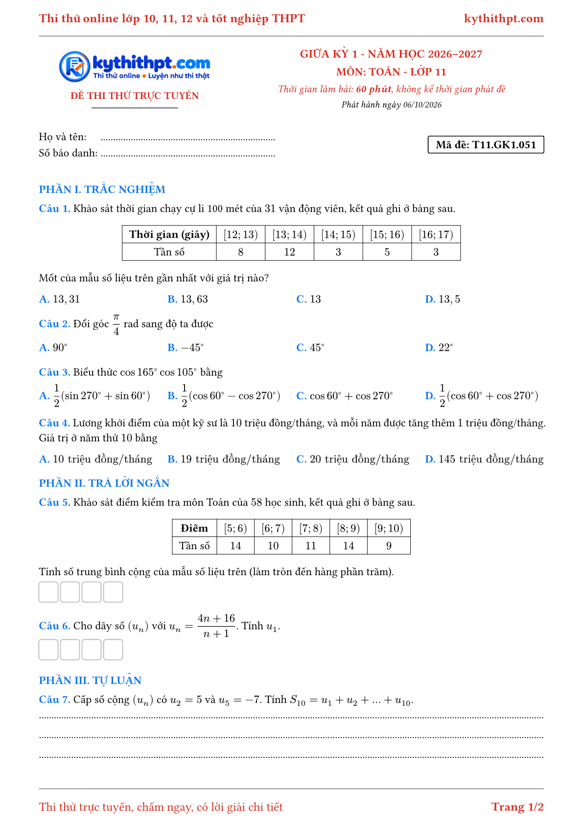 Trang đầu Đề thi thử online giữa kỳ 1 môn Toán lớp 11 - trắc nghiệm + trả lời ngắn + tự luận - đề 052