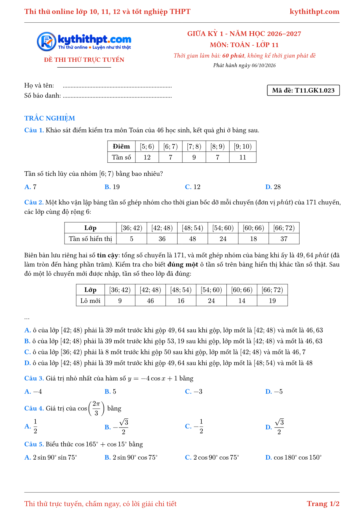 Trang đầu Đề thi thử online giữa kỳ 1 môn Toán lớp 11 - full trắc nghiệm - đề 023