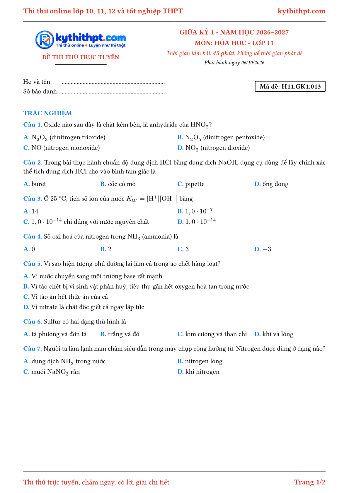 Trang đầu Đề thi thử online giữa kỳ 1 môn Hóa học lớp 11 - full trắc nghiệm - đề 013