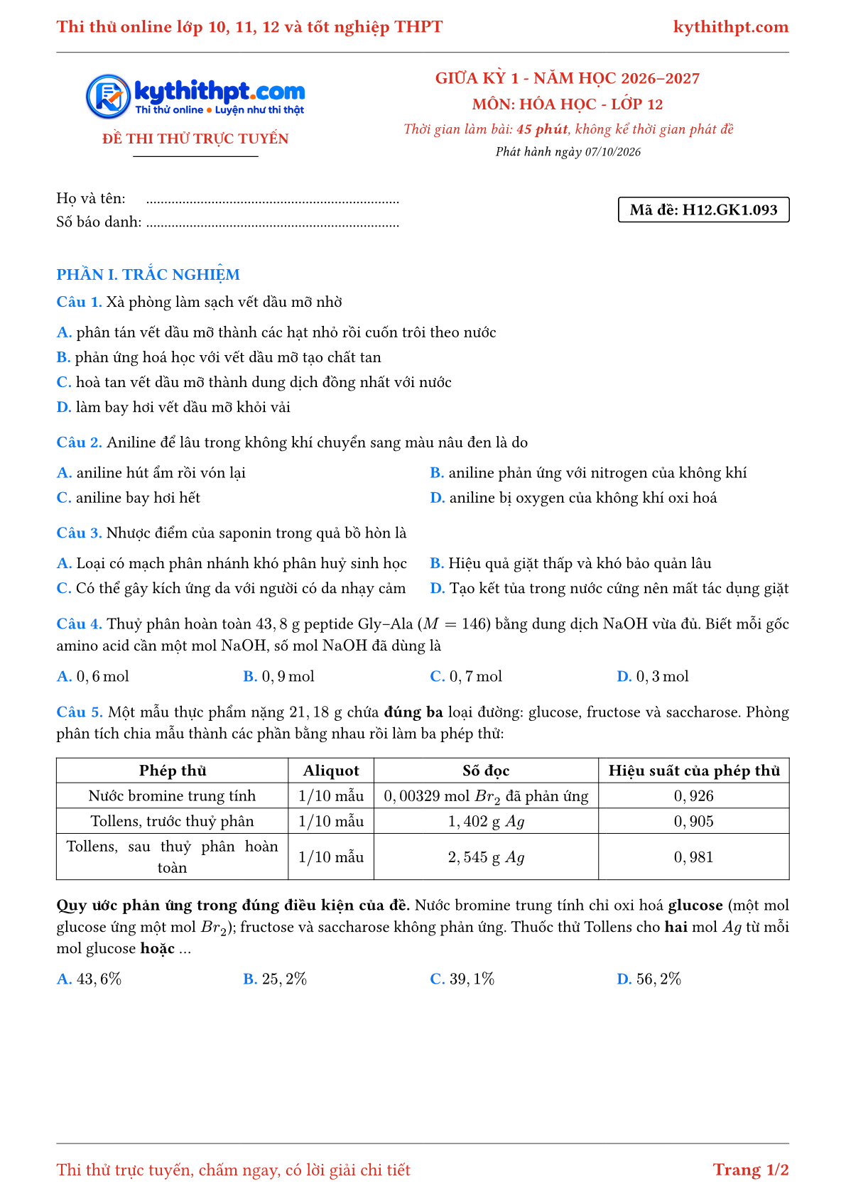 Trang đầu Đề thi thử online giữa kỳ 1 môn Hóa học lớp 12 - trắc nghiệm + tự luận - đề 095