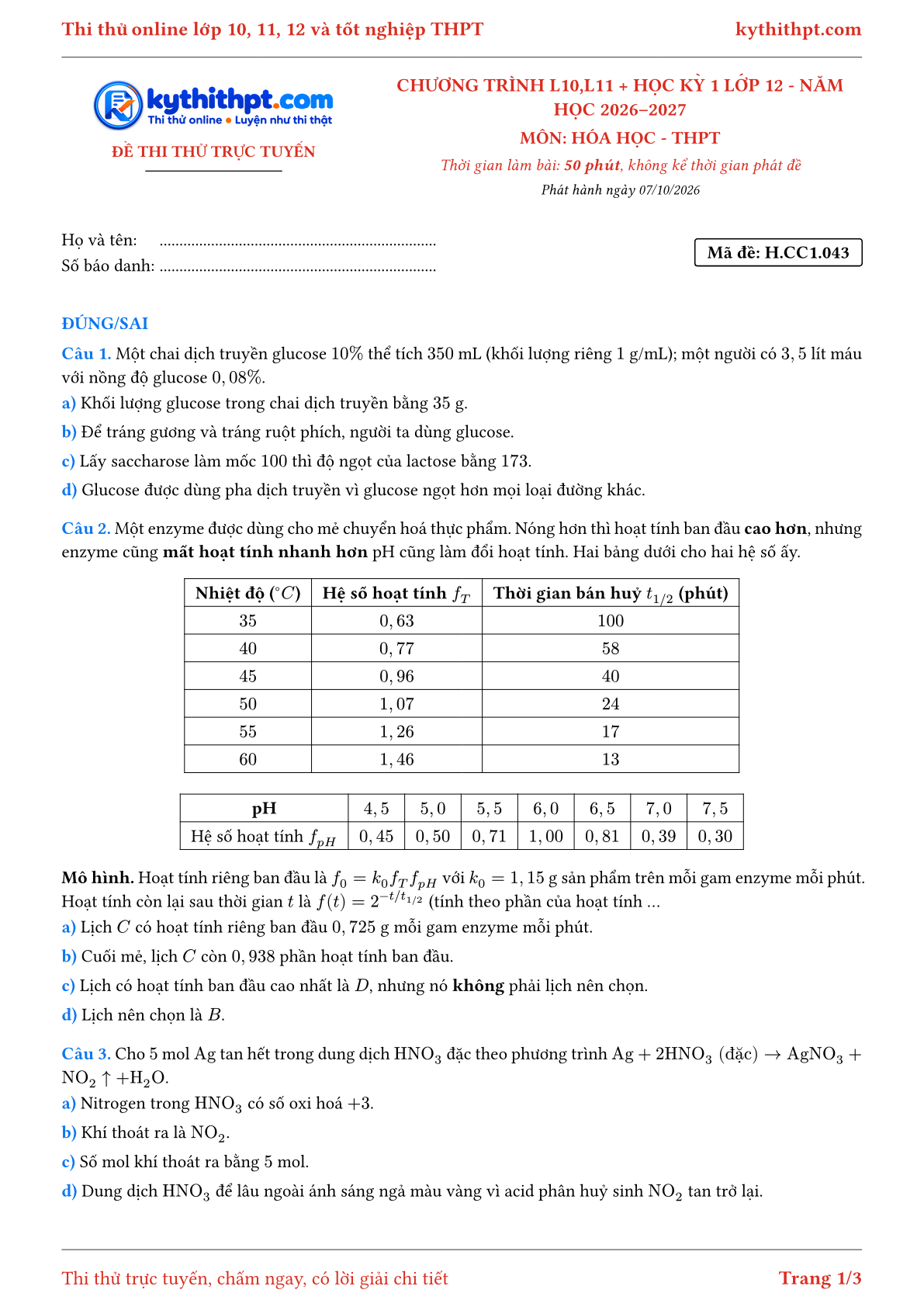 Trang đầu Đề thi thử online môn Hóa học theo chương trình lớp 10, 11 và học kỳ 1 lớp 12 - ôn luyện đúng/sai - đề 043
