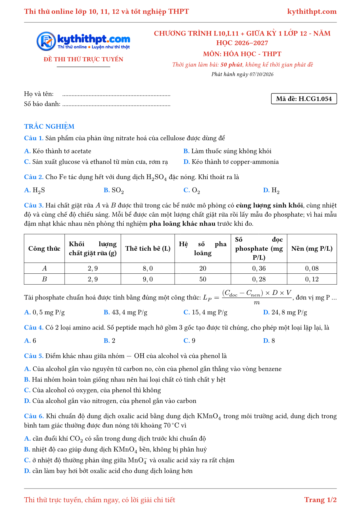Trang đầu Đề thi thử online môn Hóa học theo chương trình lớp 10, 11 và giữa kỳ 1 lớp 12 - ôn luyện trắc nghiệm - đề 055