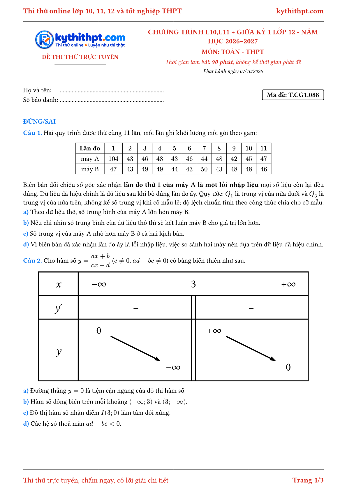 Trang đầu Đề thi thử online môn Toán theo chương trình lớp 10, 11 và giữa kỳ 1 lớp 12 - ôn luyện đúng/sai - đề 090