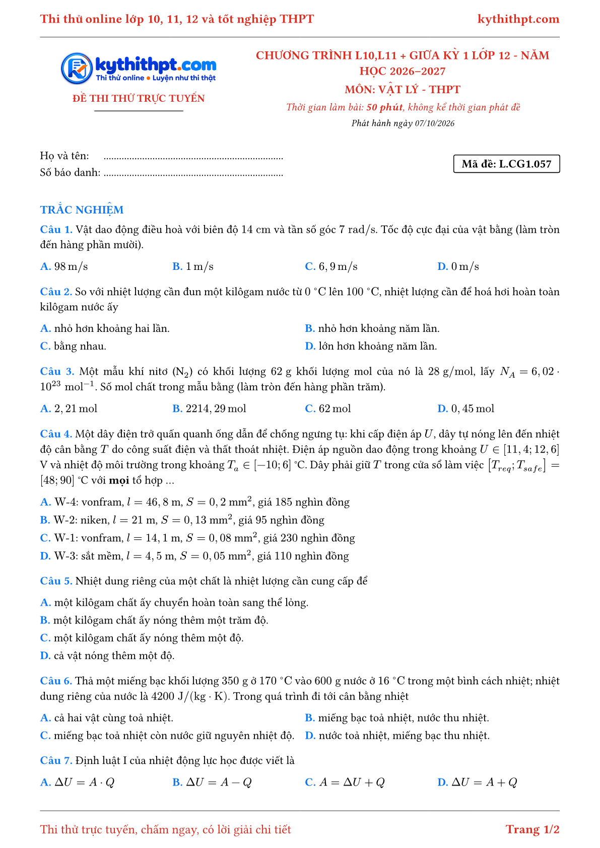 Trang đầu Đề thi thử online môn Vật lý theo chương trình lớp 10, 11 và giữa kỳ 1 lớp 12 - ôn luyện trắc nghiệm - đề 058