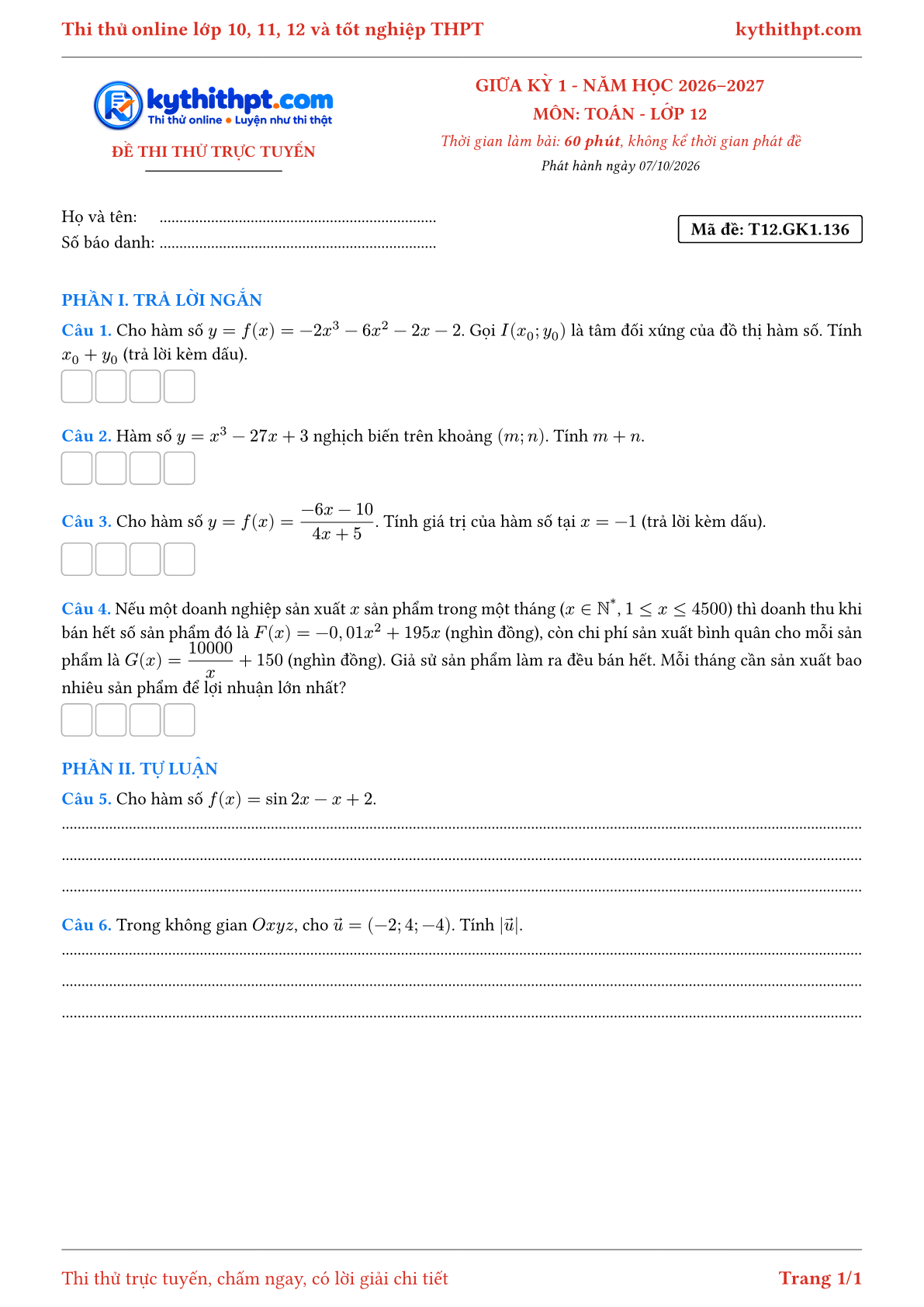 Trang đầu Đề thi thử online giữa kỳ 1 môn Toán lớp 12 - trả lời ngắn + tự luận - đề 136