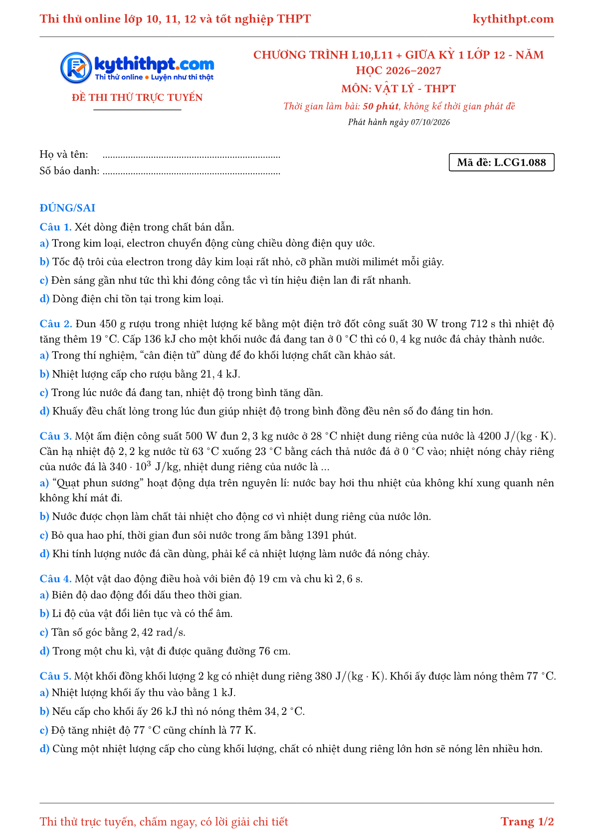 Trang đầu Đề thi thử online môn Vật lý theo chương trình lớp 10, 11 và giữa kỳ 1 lớp 12 - ôn luyện đúng/sai - đề 089
