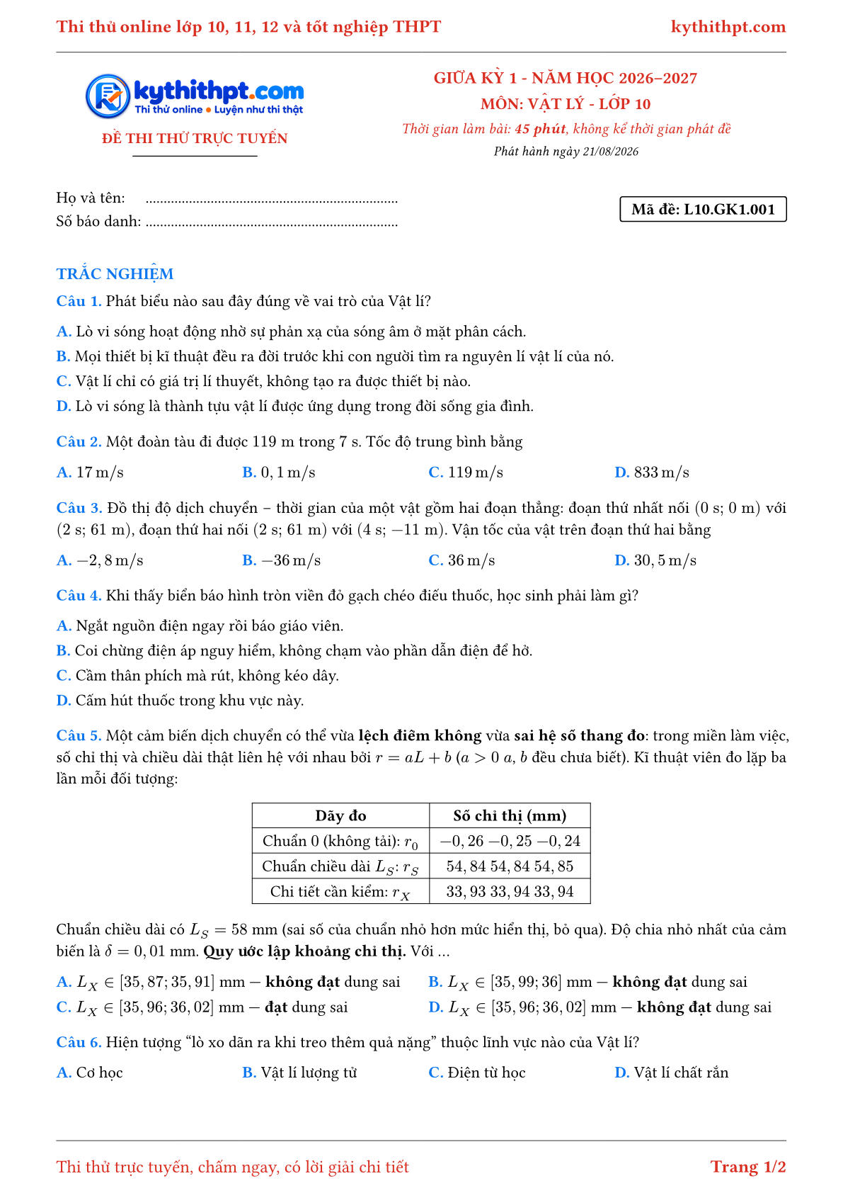 Trang đầu Đề thi thử online giữa kỳ 1 môn Vật lý lớp 10 - full trắc nghiệm - đề 001