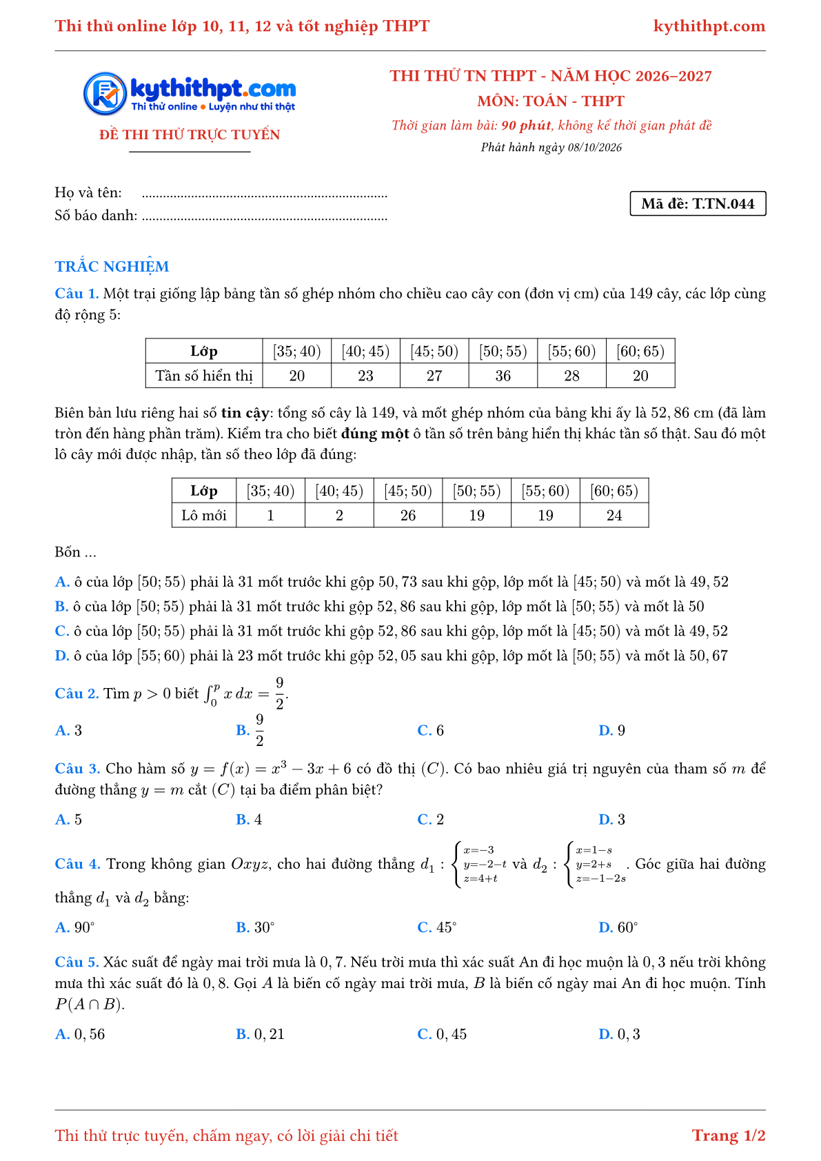 Trang đầu Đề thi thử online tốt nghiệp THPT môn Toán - đề ôn 9+ · chuẩn cấu trúc tốt nghiệp - đề 045