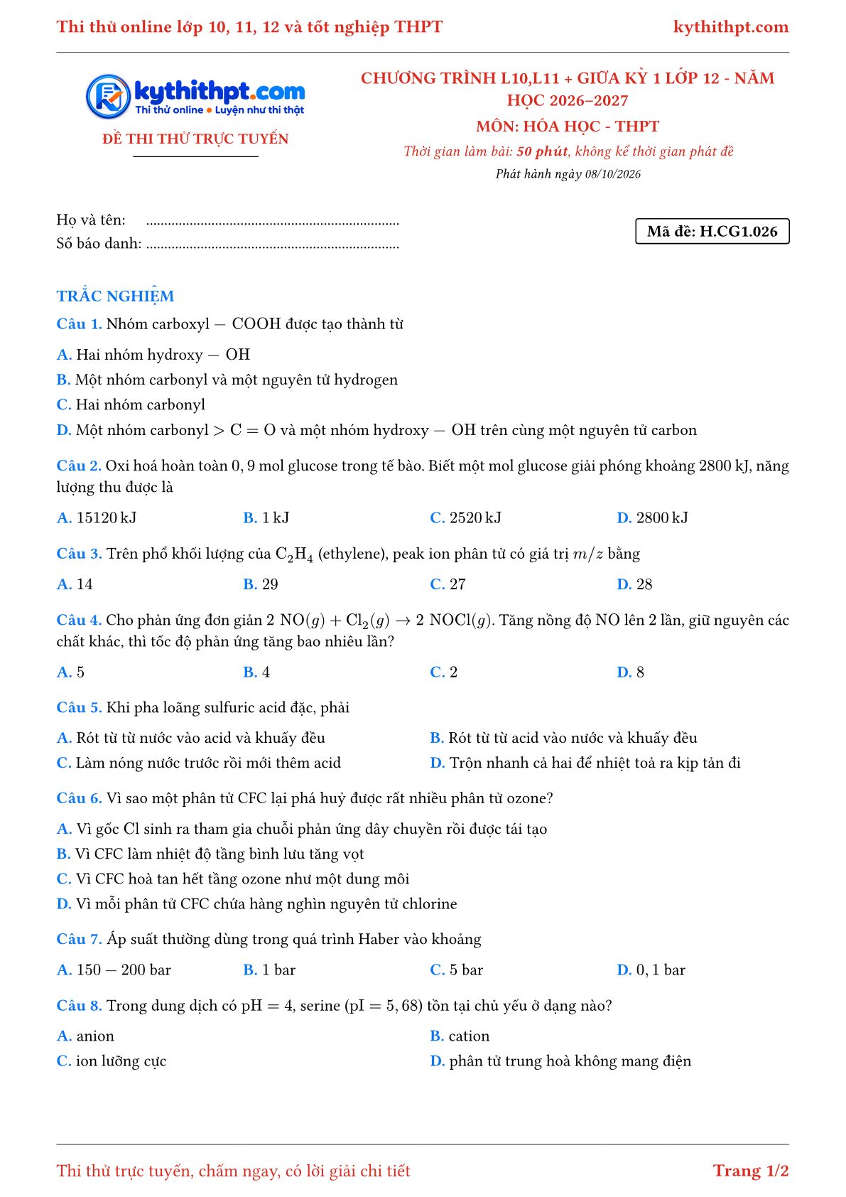 Trang đầu Đề thi thử online môn Hóa học theo chương trình lớp 10, 11 và giữa kỳ 1 lớp 12 - chuẩn cấu trúc tốt nghiệp - đề 026