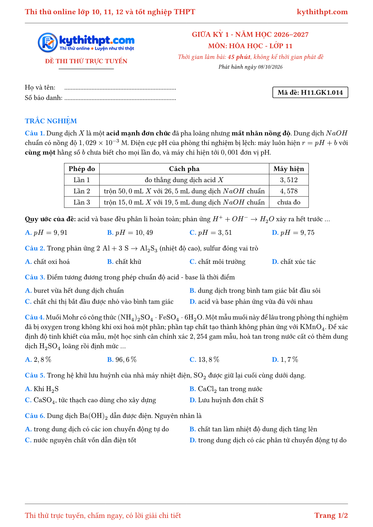 Trang đầu Đề thi thử online giữa kỳ 1 môn Hóa học lớp 11 - full trắc nghiệm - đề 014