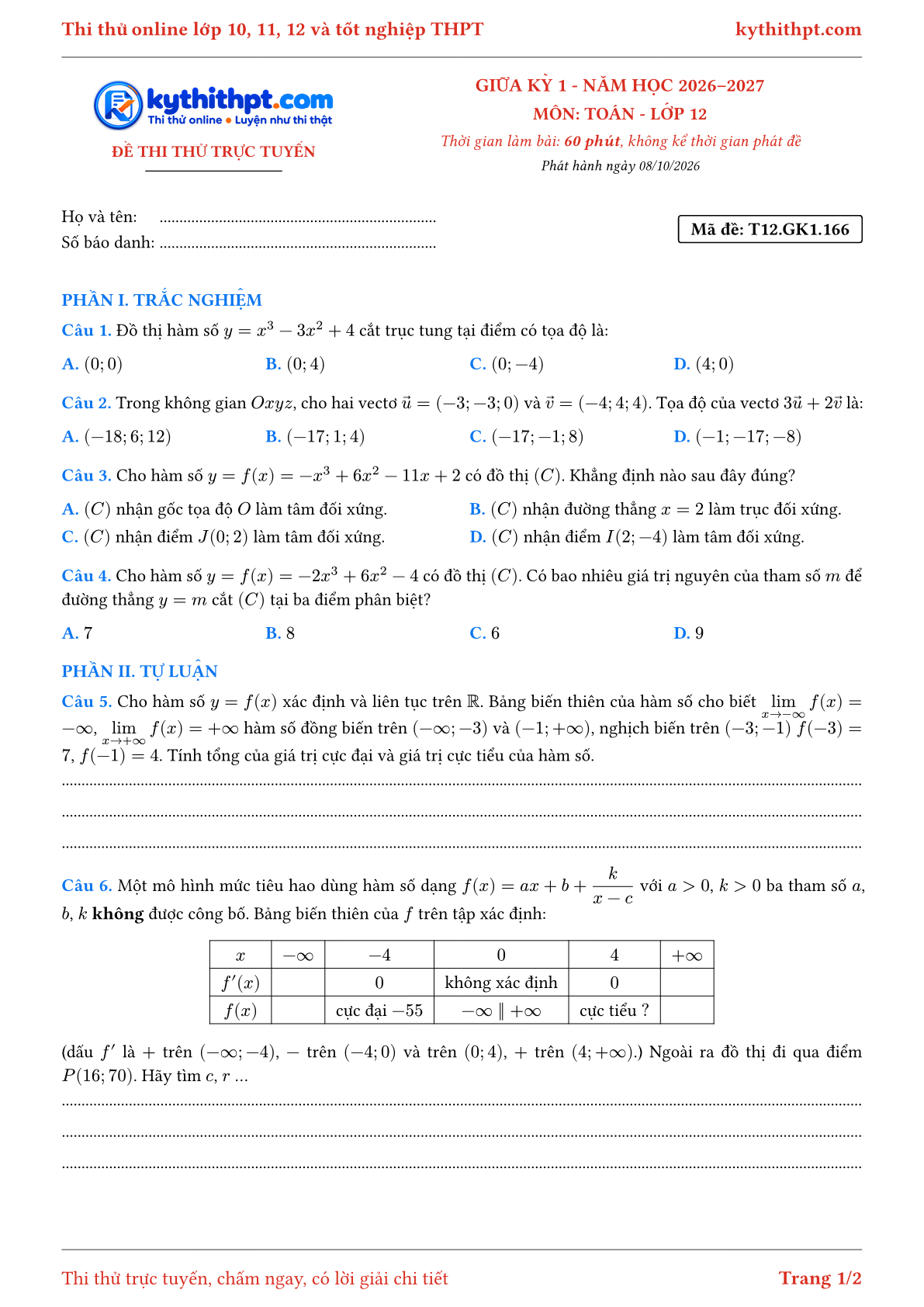 Trang đầu Đề thi thử online giữa kỳ 1 môn Toán lớp 12 - trắc nghiệm + tự luận nâng cao - đề 166