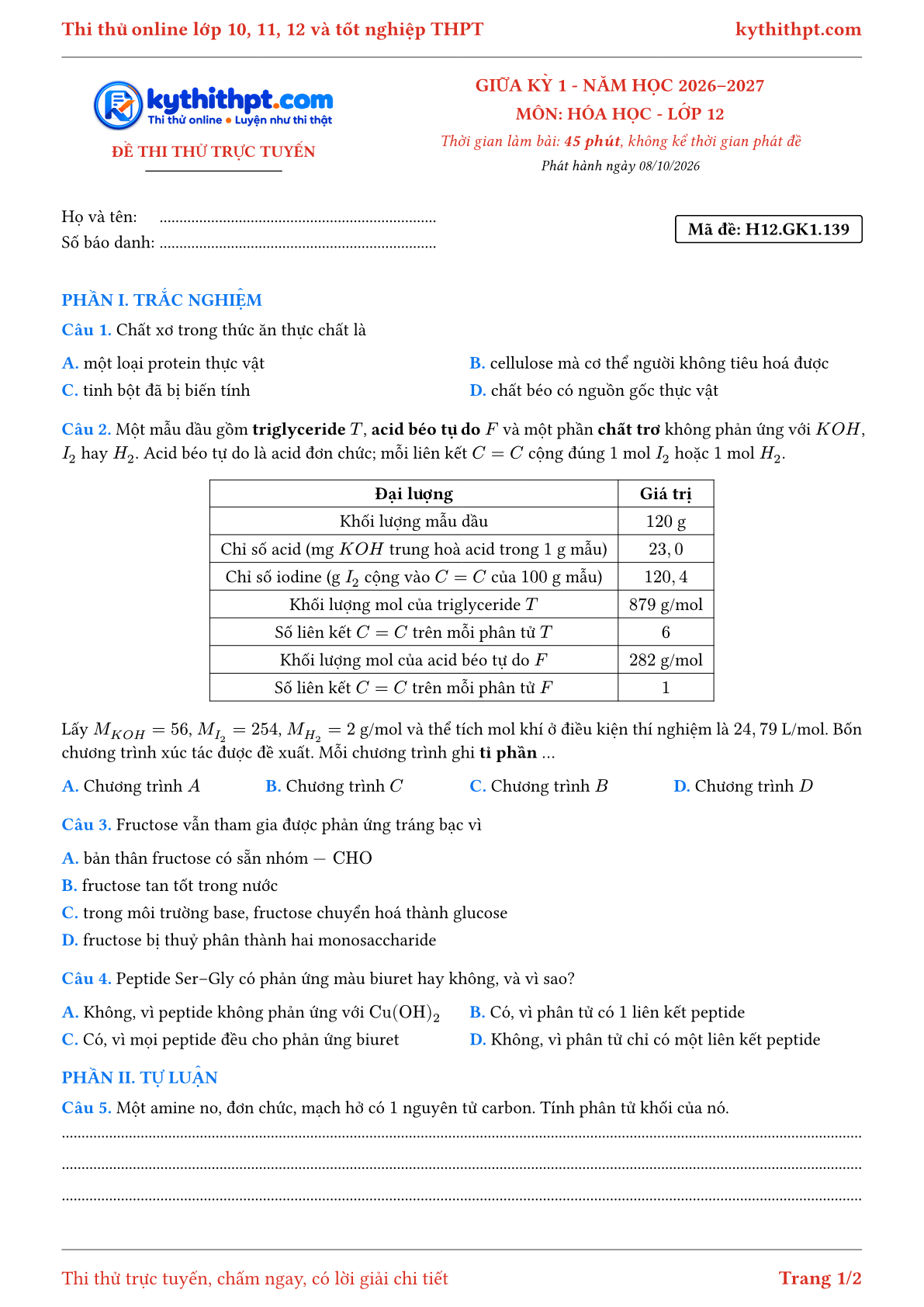 Trang đầu Đề thi thử online giữa kỳ 1 môn Hóa học lớp 12 - trắc nghiệm + tự luận nâng cao - đề 142