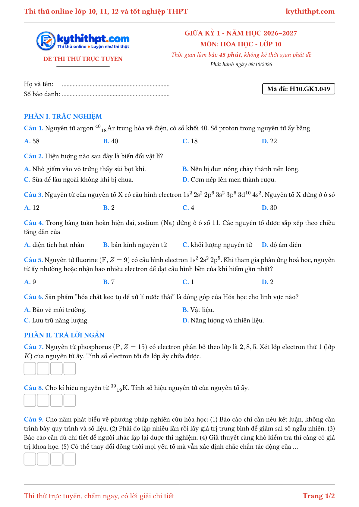 Trang đầu Đề thi thử online giữa kỳ 1 môn Hóa học lớp 10 - trắc nghiệm + trả lời ngắn - đề 050