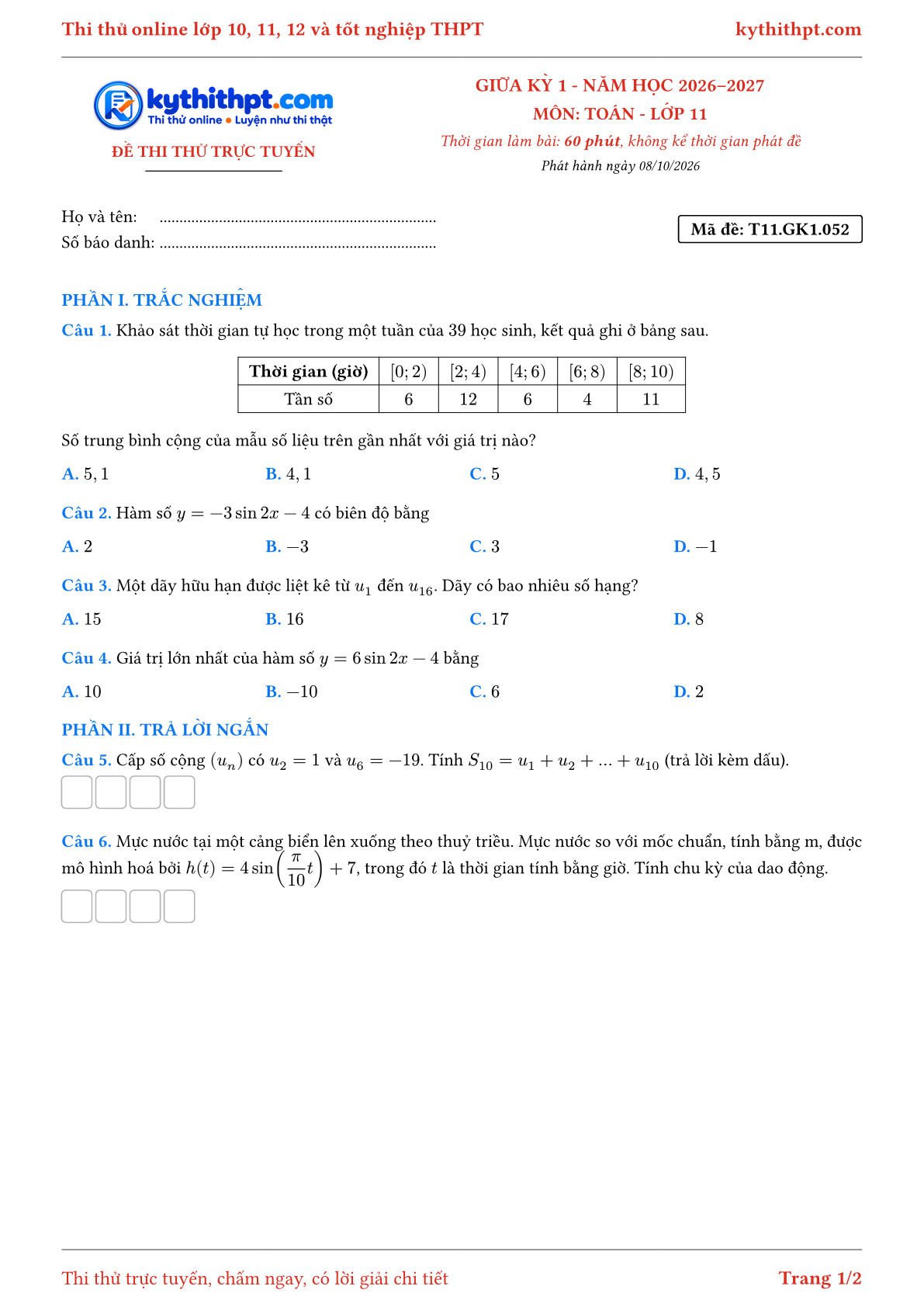 Trang đầu Đề thi thử online giữa kỳ 1 môn Toán lớp 11 - trắc nghiệm + trả lời ngắn + tự luận - đề 053