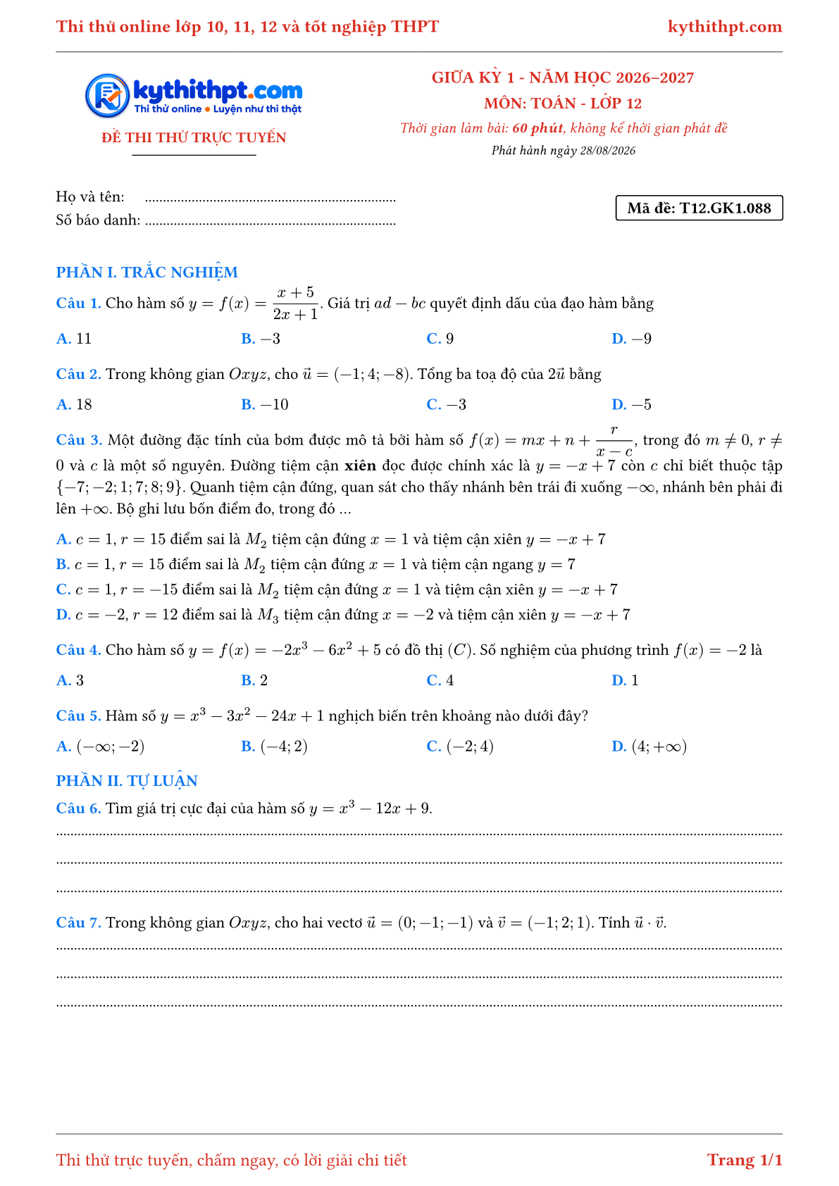Trang đầu Đề thi thử online giữa kỳ 1 môn Toán lớp 12 - trắc nghiệm + tự luận - đề 088