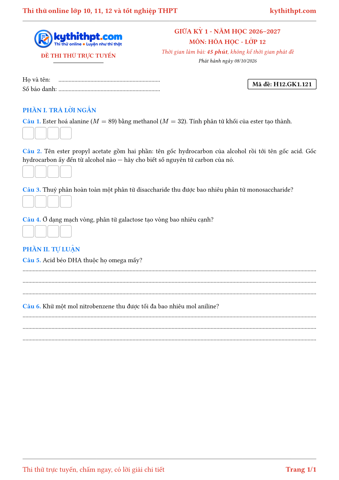 Trang đầu Đề thi thử online giữa kỳ 1 môn Hóa học lớp 12 - trả lời ngắn + tự luận - đề 123