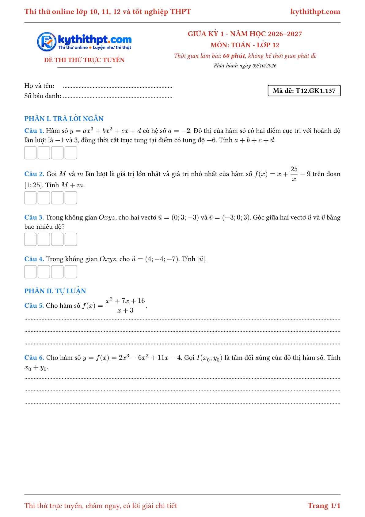 Trang đầu Đề thi thử online giữa kỳ 1 môn Toán lớp 12 - trả lời ngắn + tự luận - đề 137