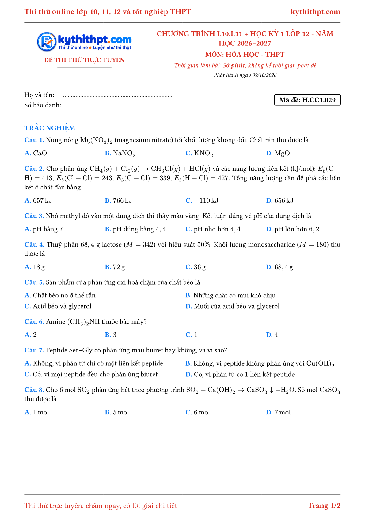 Trang đầu Đề thi thử online môn Hóa học theo chương trình lớp 10, 11 và học kỳ 1 lớp 12 - ôn luyện trắc nghiệm - đề 029