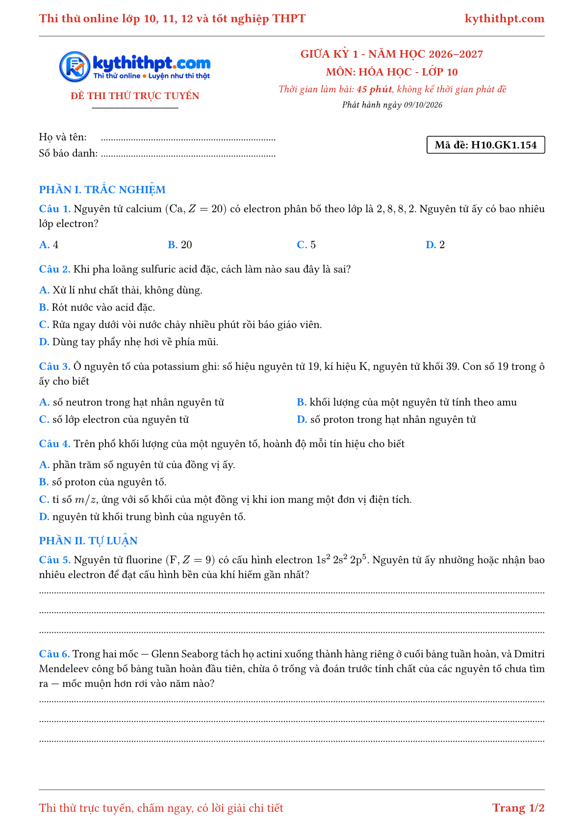 Trang đầu Đề thi thử online giữa kỳ 1 môn Hóa học lớp 10 - trắc nghiệm + tự luận nâng cao - đề 158