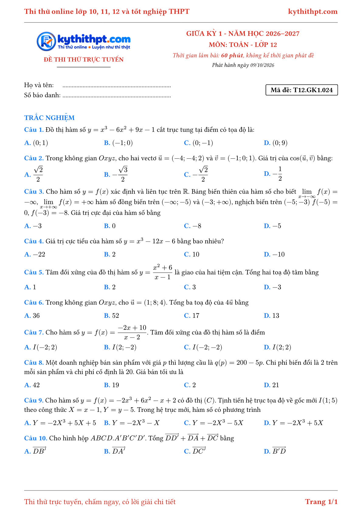 Trang đầu Đề thi thử online giữa kỳ 1 môn Toán lớp 12 - full trắc nghiệm - đề 024