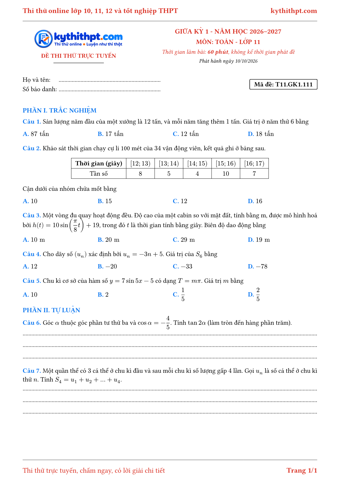 Trang đầu Đề thi thử online giữa kỳ 1 môn Toán lớp 11 - trắc nghiệm + tự luận - đề 113