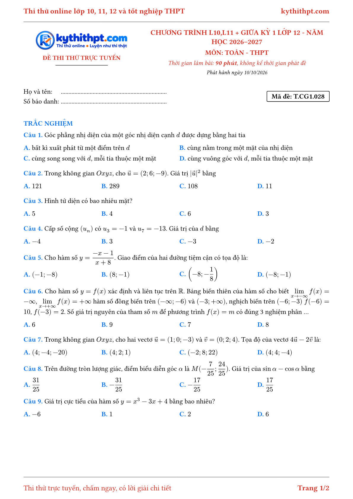 Trang đầu Đề thi thử online môn Toán theo chương trình lớp 10, 11 và giữa kỳ 1 lớp 12 - chuẩn cấu trúc tốt nghiệp - đề 028