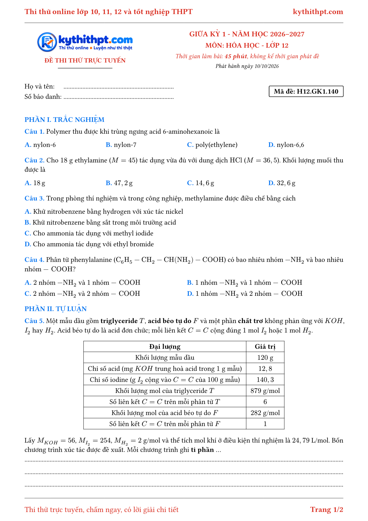 Trang đầu Đề thi thử online giữa kỳ 1 môn Hóa học lớp 12 - trắc nghiệm + tự luận nâng cao - đề 143