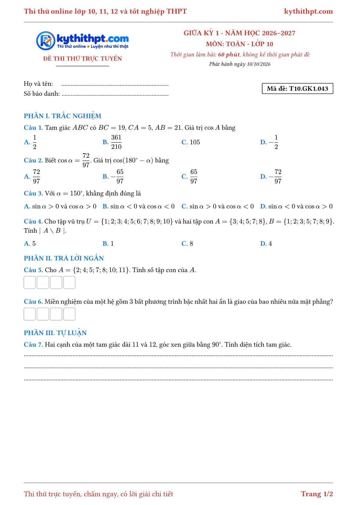 Trang đầu Đề thi thử online giữa kỳ 1 môn Toán lớp 10 - trắc nghiệm + trả lời ngắn + tự luận - đề 043