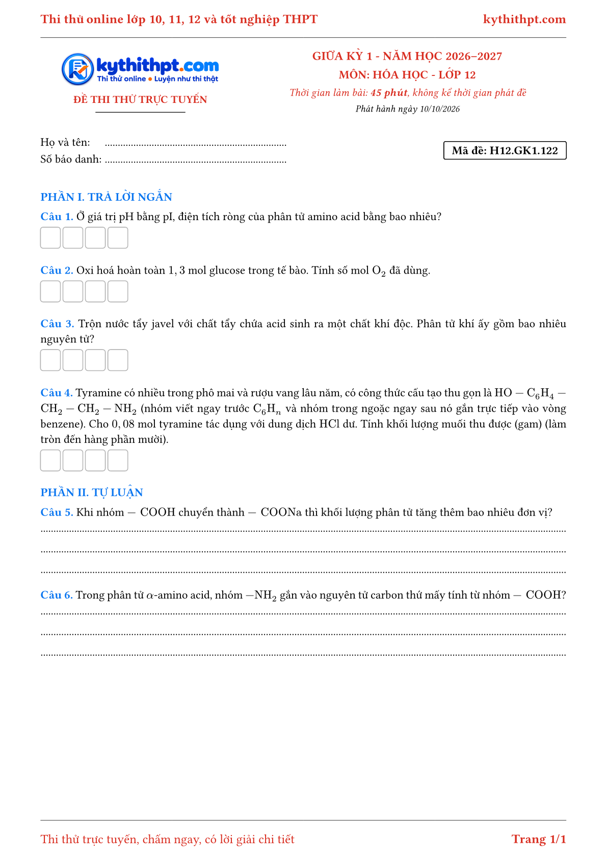 Trang đầu Đề thi thử online giữa kỳ 1 môn Hóa học lớp 12 - trả lời ngắn + tự luận - đề 124