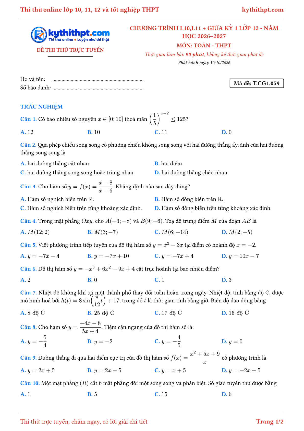 Trang đầu Đề thi thử online môn Toán theo chương trình lớp 10, 11 và giữa kỳ 1 lớp 12 - ôn luyện trắc nghiệm - đề 060