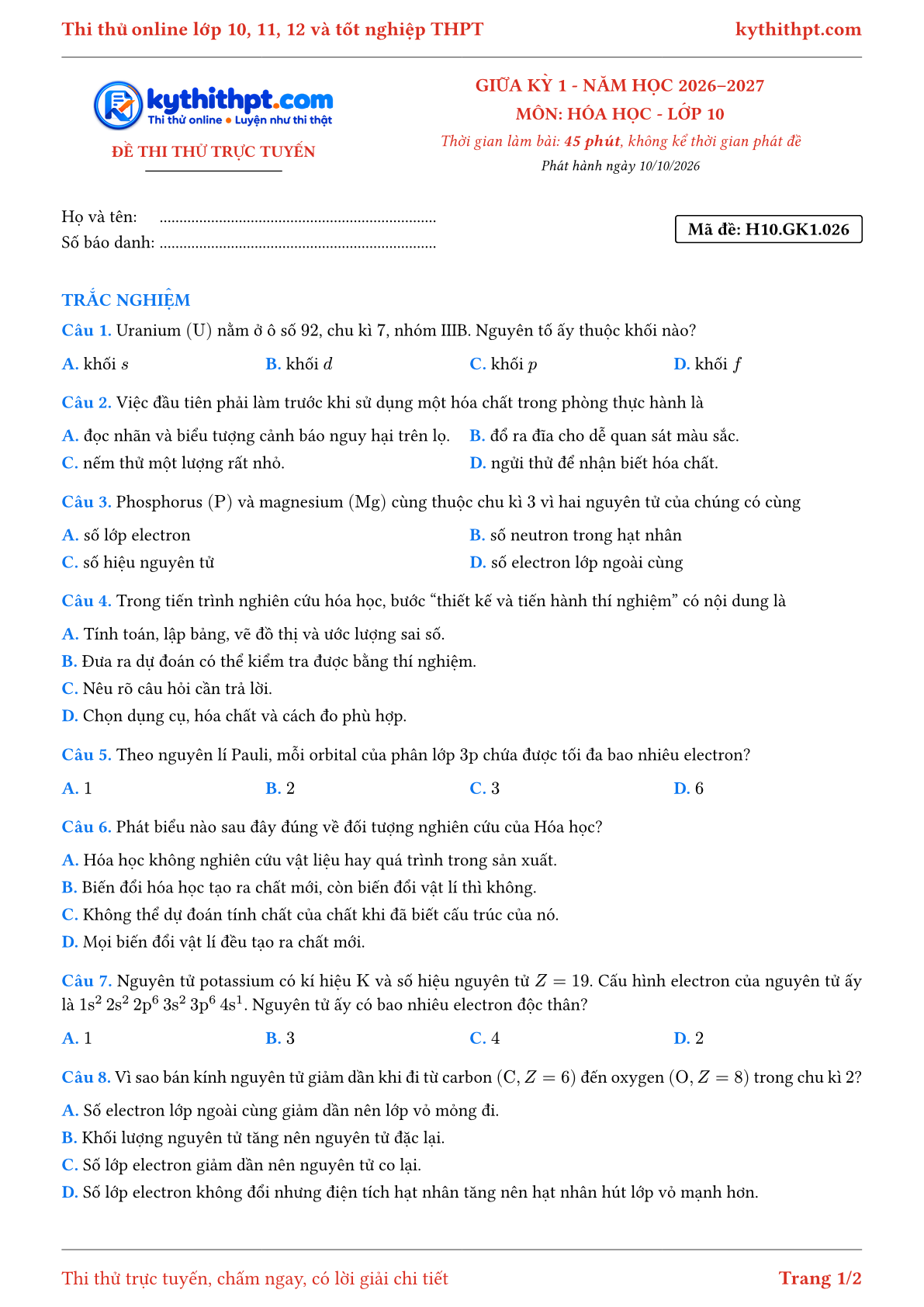 Trang đầu Đề thi thử online giữa kỳ 1 môn Hóa học lớp 10 - full trắc nghiệm - đề 026