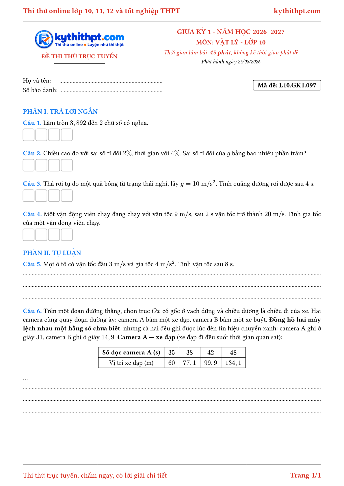 Trang đầu Đề thi thử online giữa kỳ 1 môn Vật lý lớp 10 - trả lời ngắn + tự luận - đề 099
