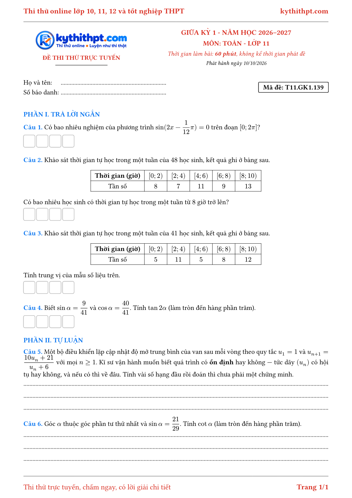 Trang đầu Đề thi thử online giữa kỳ 1 môn Toán lớp 11 - trả lời ngắn + tự luận - đề 142