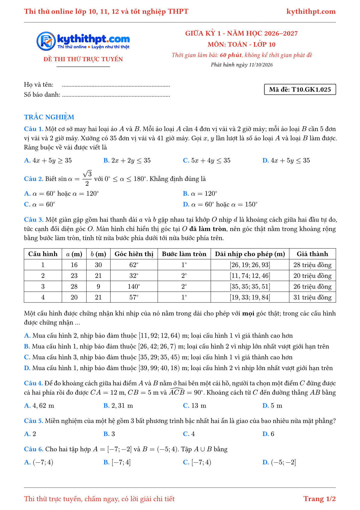 Trang đầu Đề thi thử online giữa kỳ 1 môn Toán lớp 10 - full trắc nghiệm - đề 025