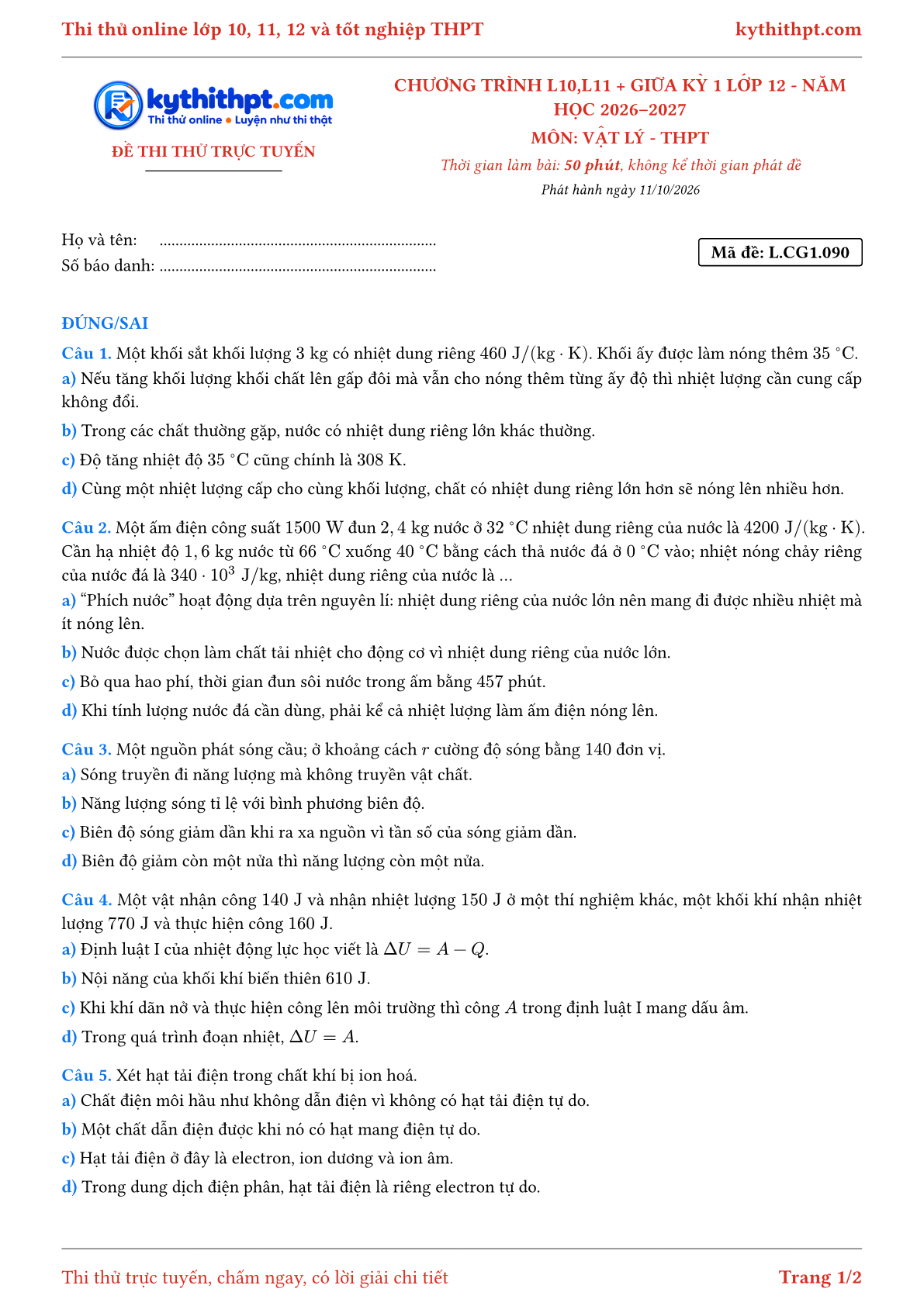 Trang đầu Đề thi thử online môn Vật lý theo chương trình lớp 10, 11 và giữa kỳ 1 lớp 12 - ôn luyện đúng/sai - đề 091