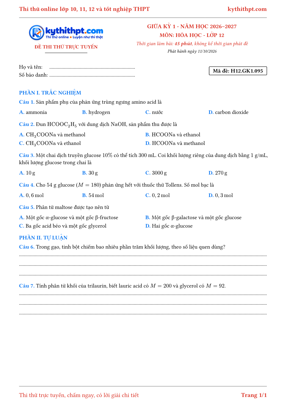 Trang đầu Đề thi thử online giữa kỳ 1 môn Hóa học lớp 12 - trắc nghiệm + tự luận - đề 097